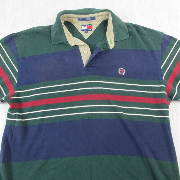 Tommy Hilfiger Polo Shirt Mens Large Green Stripe Golf Performance High Low Slit - Picture 4 of 8
